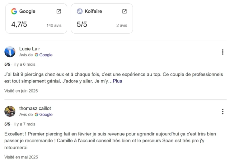 Avis Google sur Nordik Piercing